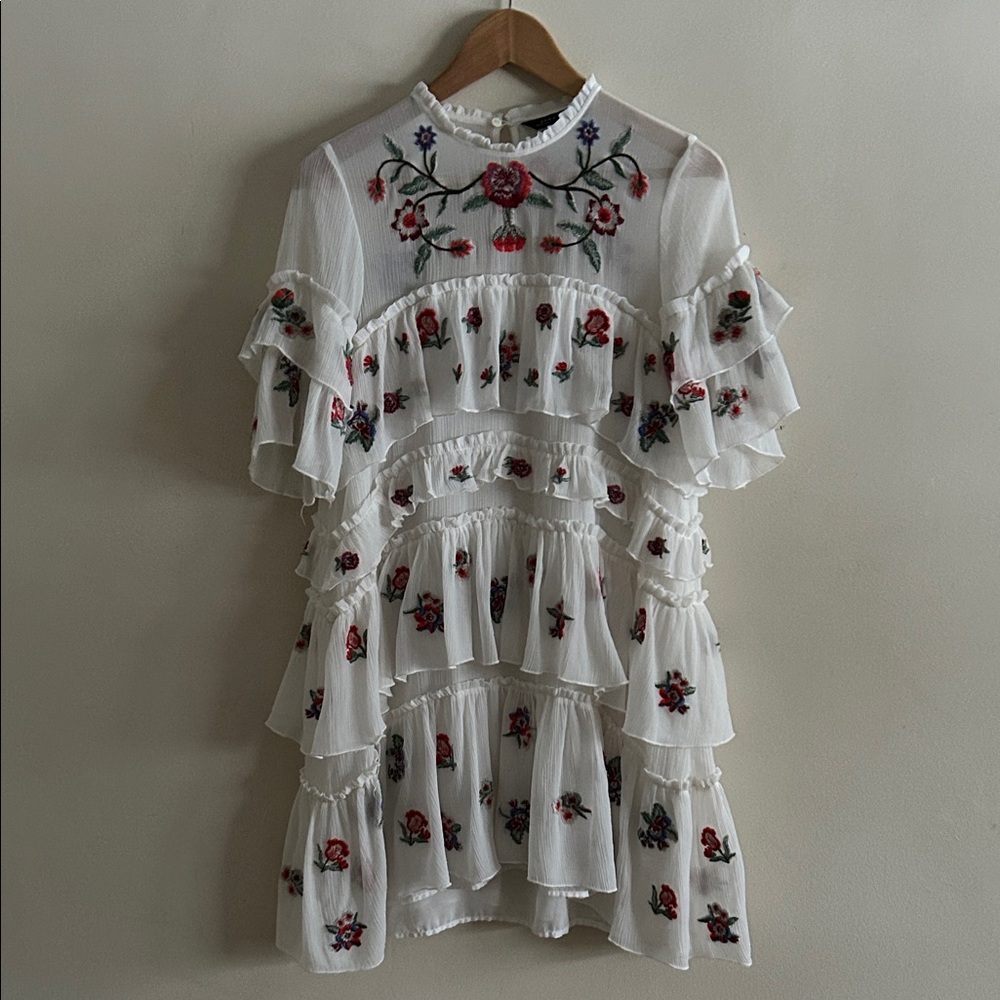 Zara Ivory Floral Whimsy Boho Embroidered Chiffon Tiered Lined Mini Dress Med - Picture 4 of 16